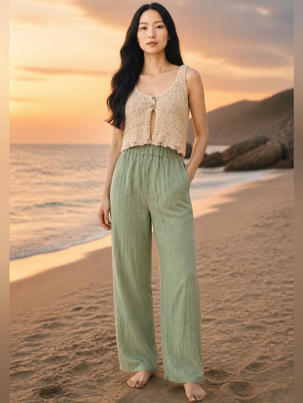 Textured Wide Leg Pull-On Pants Size Small Sage Green